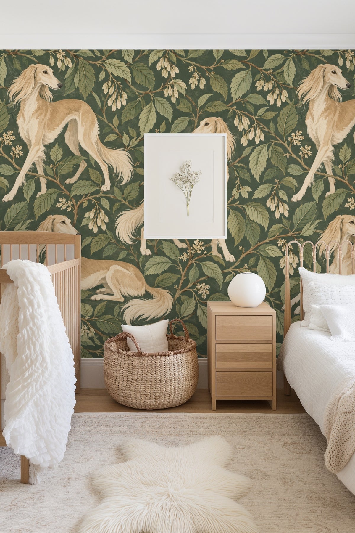 Living room interior showcasing a sofa against a statement wall with wallpaper depicting golden Saluki dogs amid green leaves and flowers