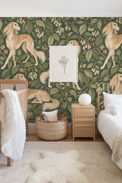 Living room interior showcasing a sofa against a statement wall with wallpaper depicting golden Saluki dogs amid green leaves and flowers
