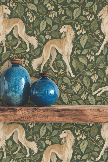 Close-up of wallpaper's cream flowers and textured leaves framing a standing golden dog