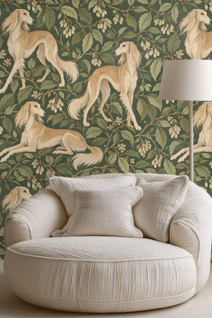 Section of wallpaper showing multiple golden dogs in varying poses among intricate leaves