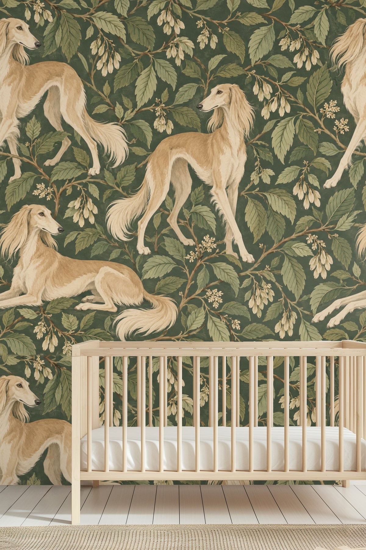 Side angle of wallpapered wall emphasizing hand-painted style dogs
