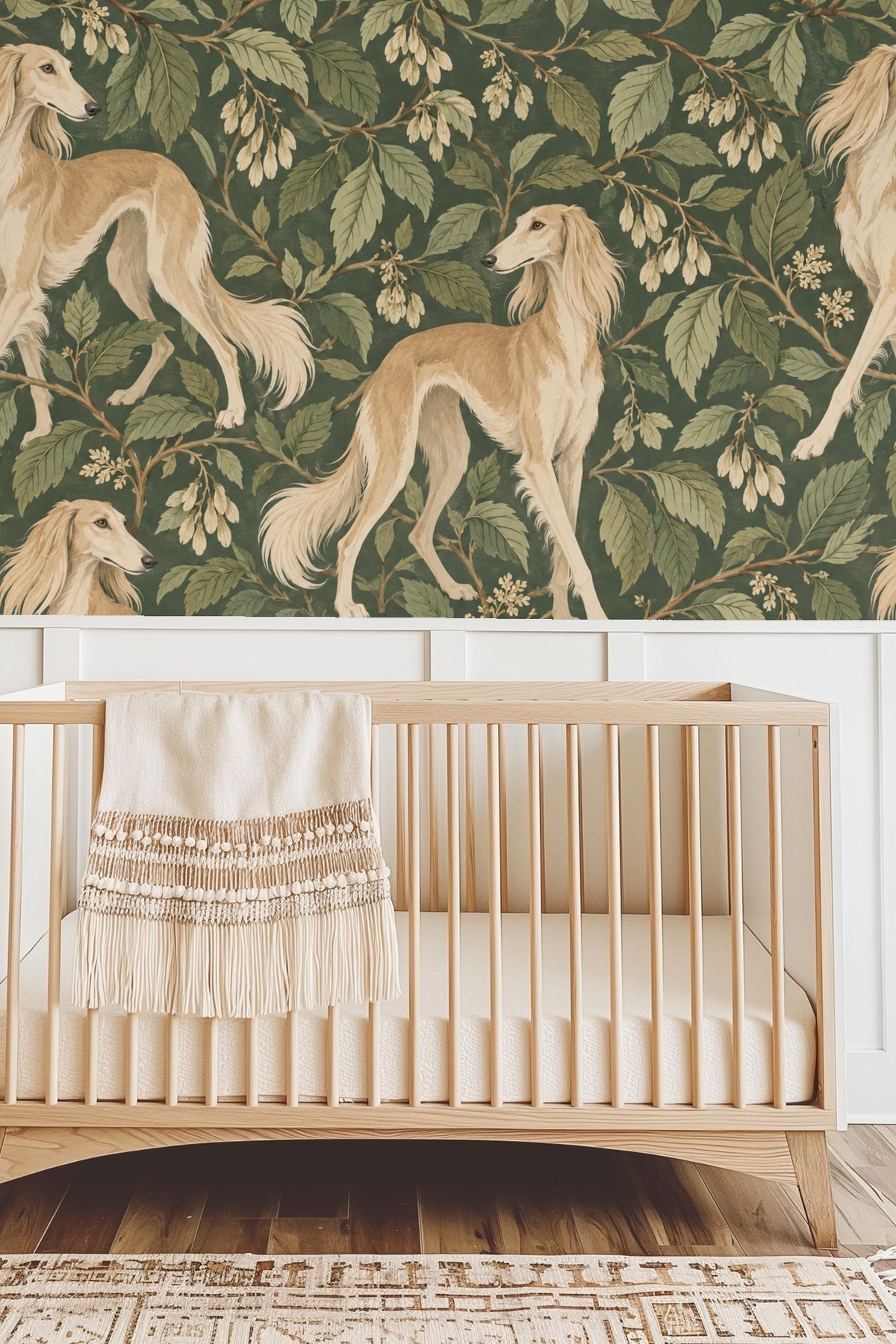 Corner view of bedroom highlighting the wallpaper's pattern scale behind a velvet green headboard