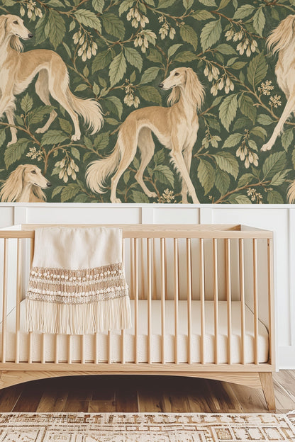 Corner view of bedroom highlighting the wallpaper's pattern scale behind a velvet green headboard