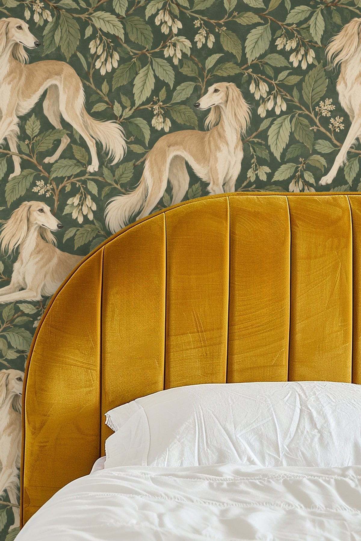 Golden Saluki dog sitting peacefully within the leafy wallpaper pattern