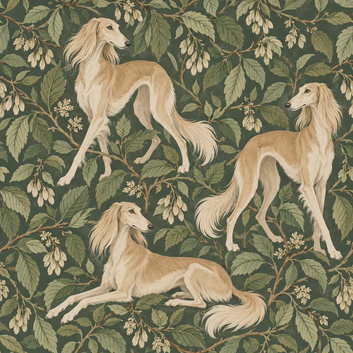 Full repeat of wallpaper showing three golden dogs surrounded by leafy branches