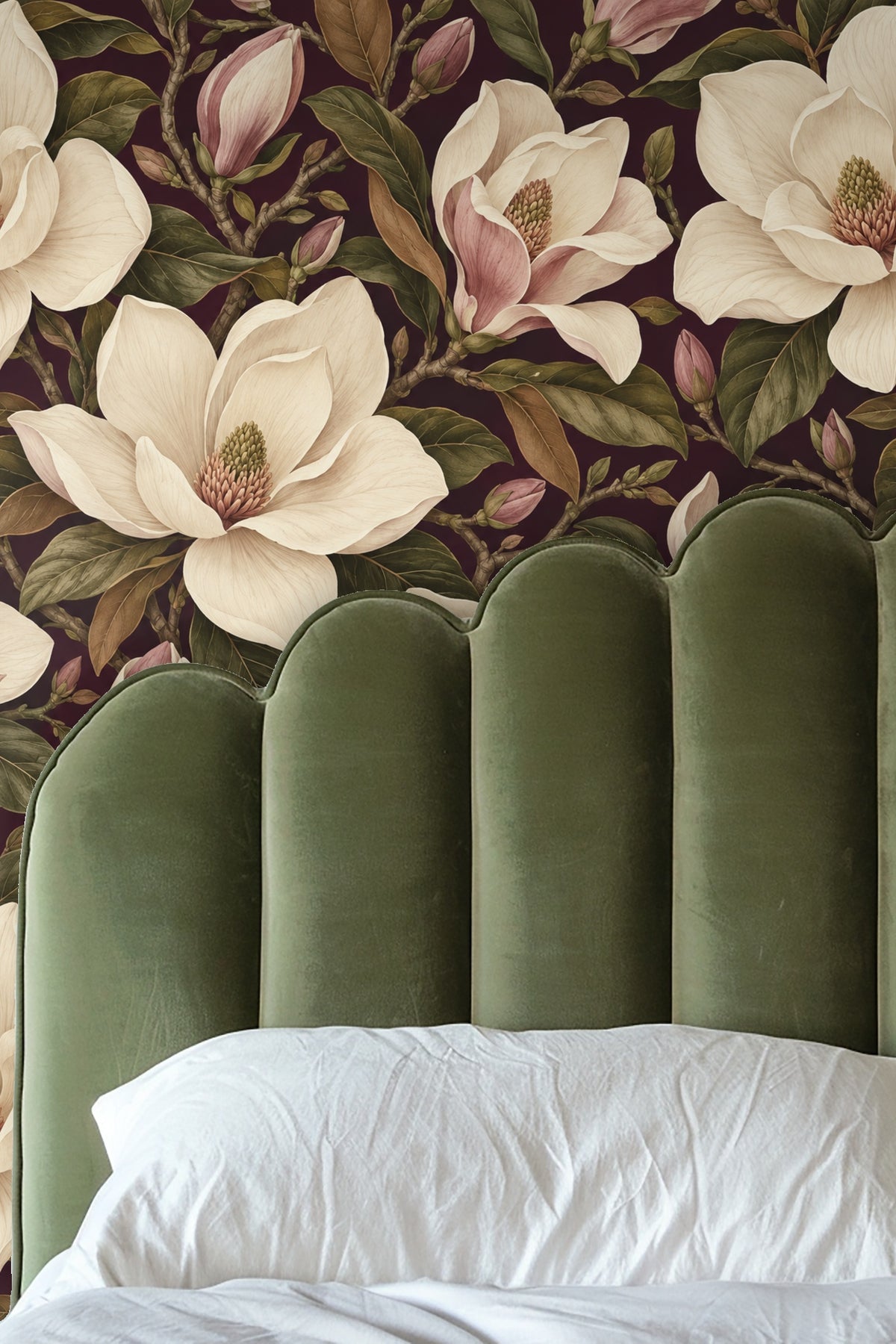 Magnolia wallpaper pattern backdrop for a tasteful dining space with neutral furniture