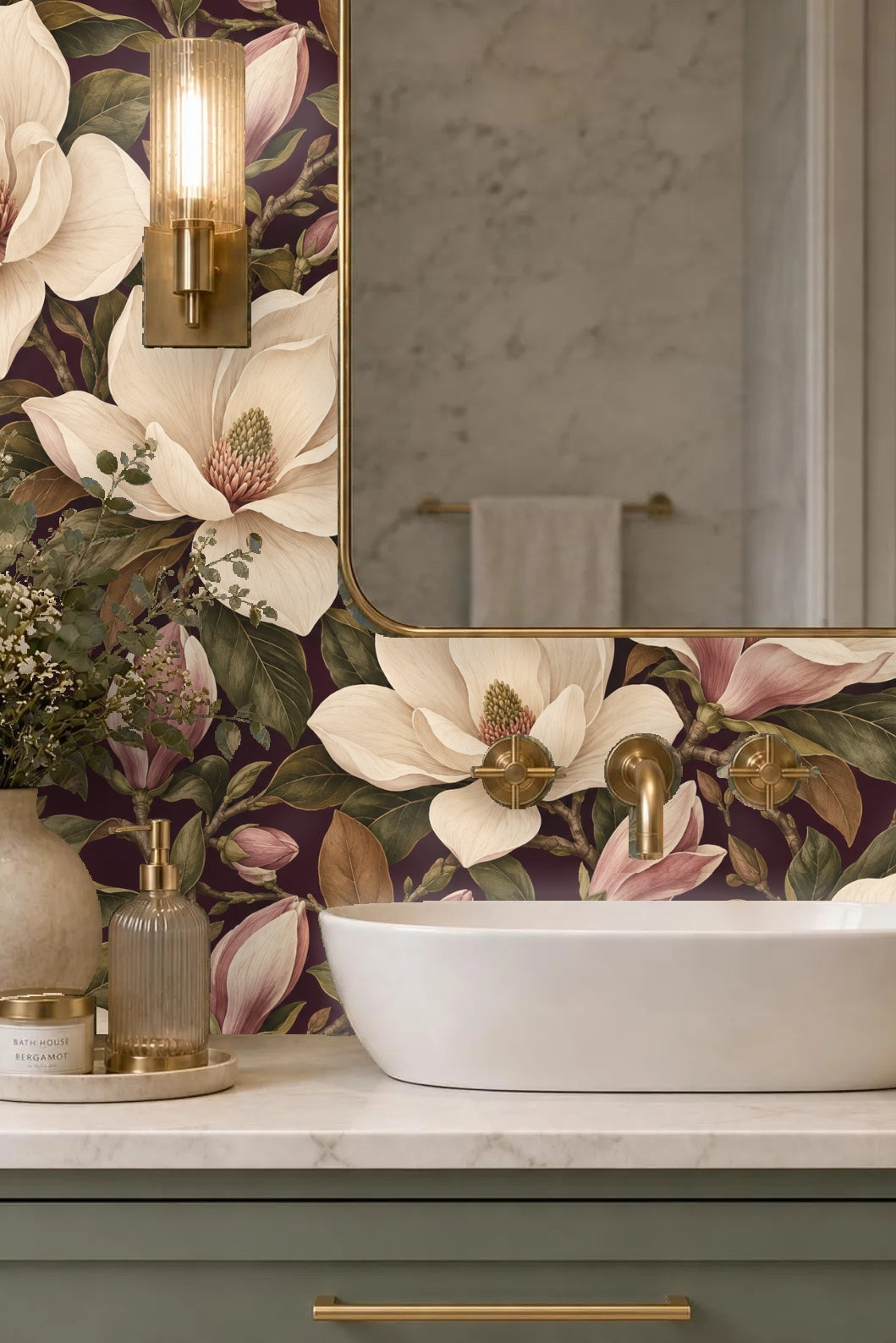 Wall section with magnolia flowers in cream and mauve hues on plum background