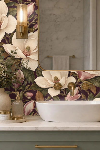 Wall section with magnolia flowers in cream and mauve hues on plum background