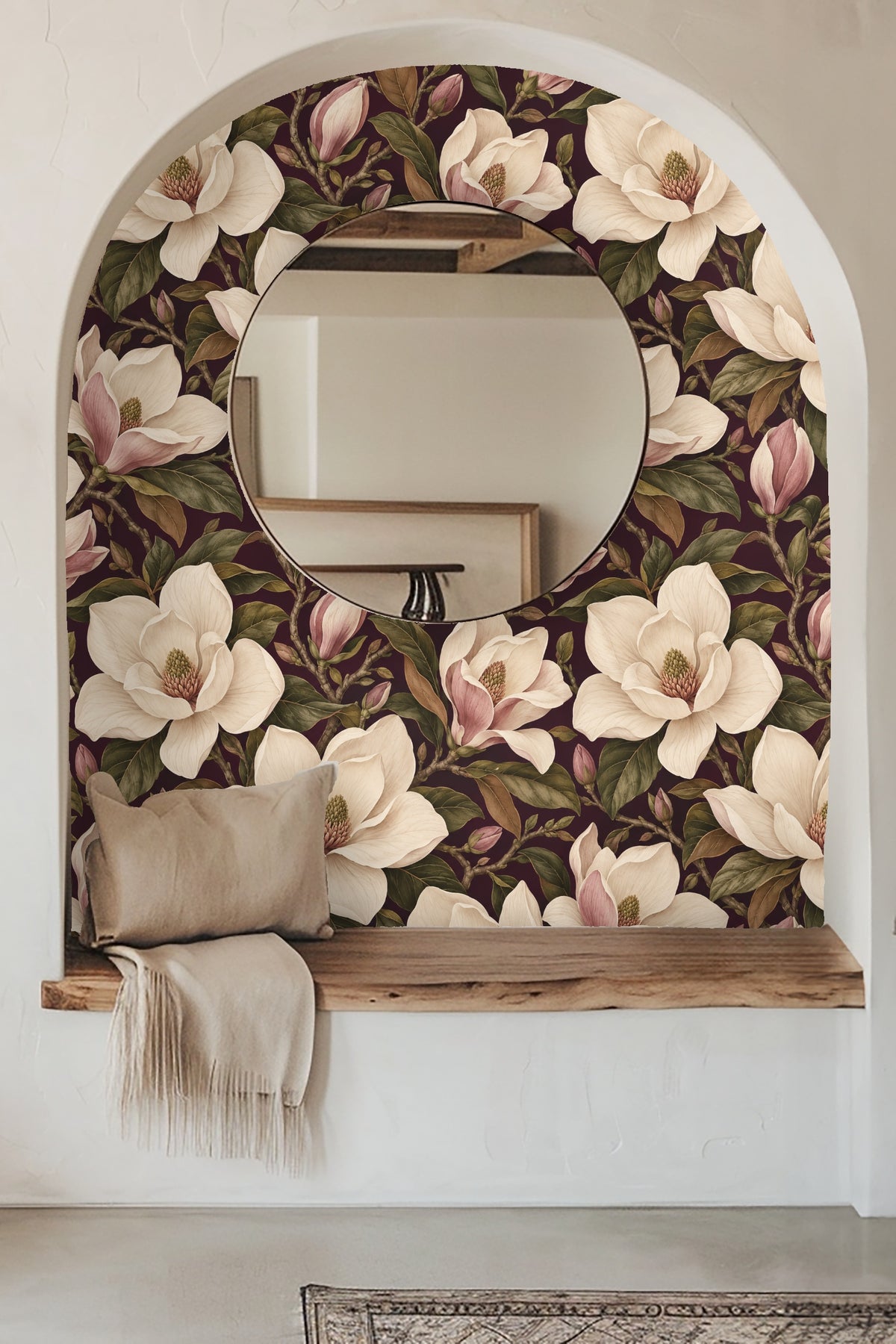 Detailed view of plum background wallpaper with large cream magnolia flowers and green leaves