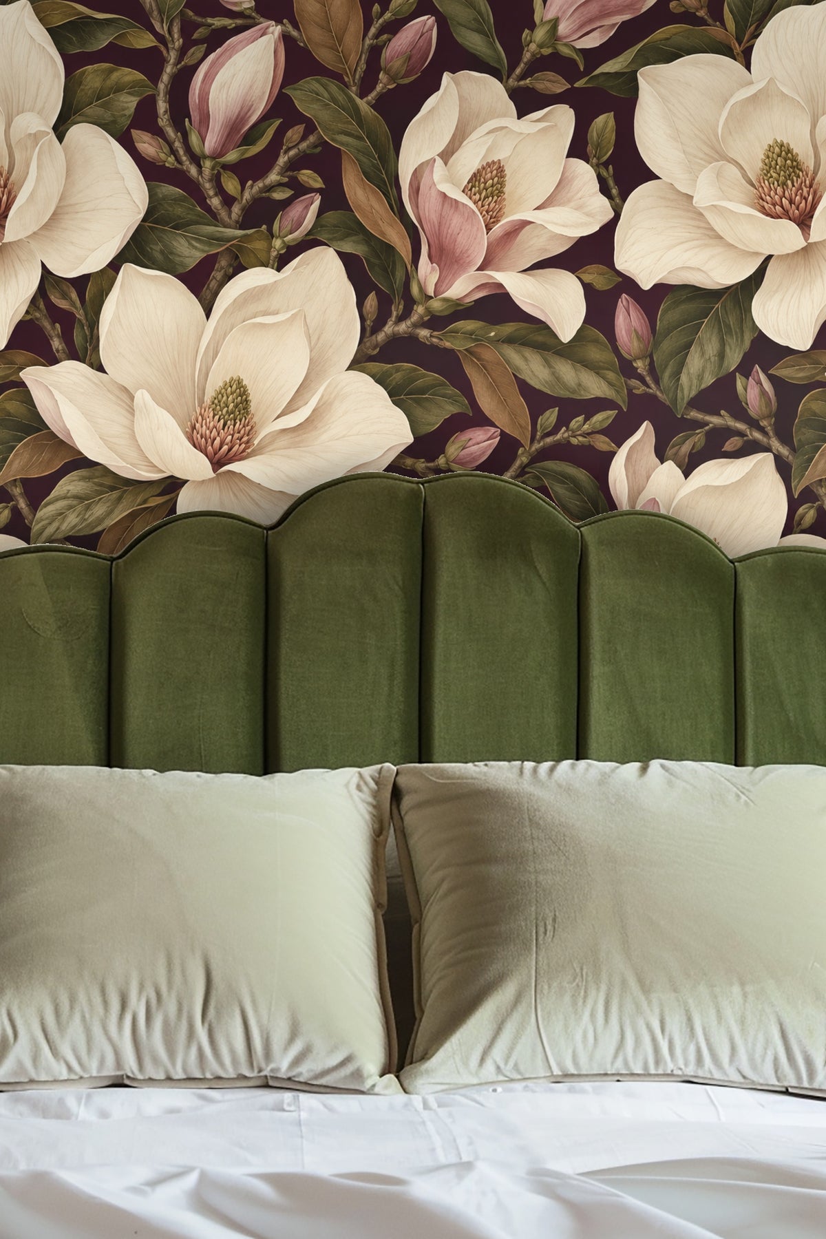 Dining room wall decorated with plum magnolia wallpaper featuring large cream and mauve flowers