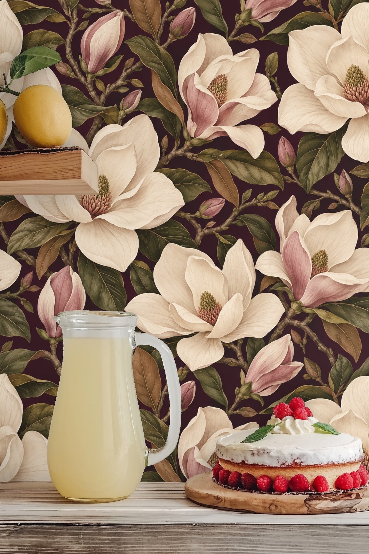 Magnolia buds and flowers arranged in an elegant floral pattern on rich plum