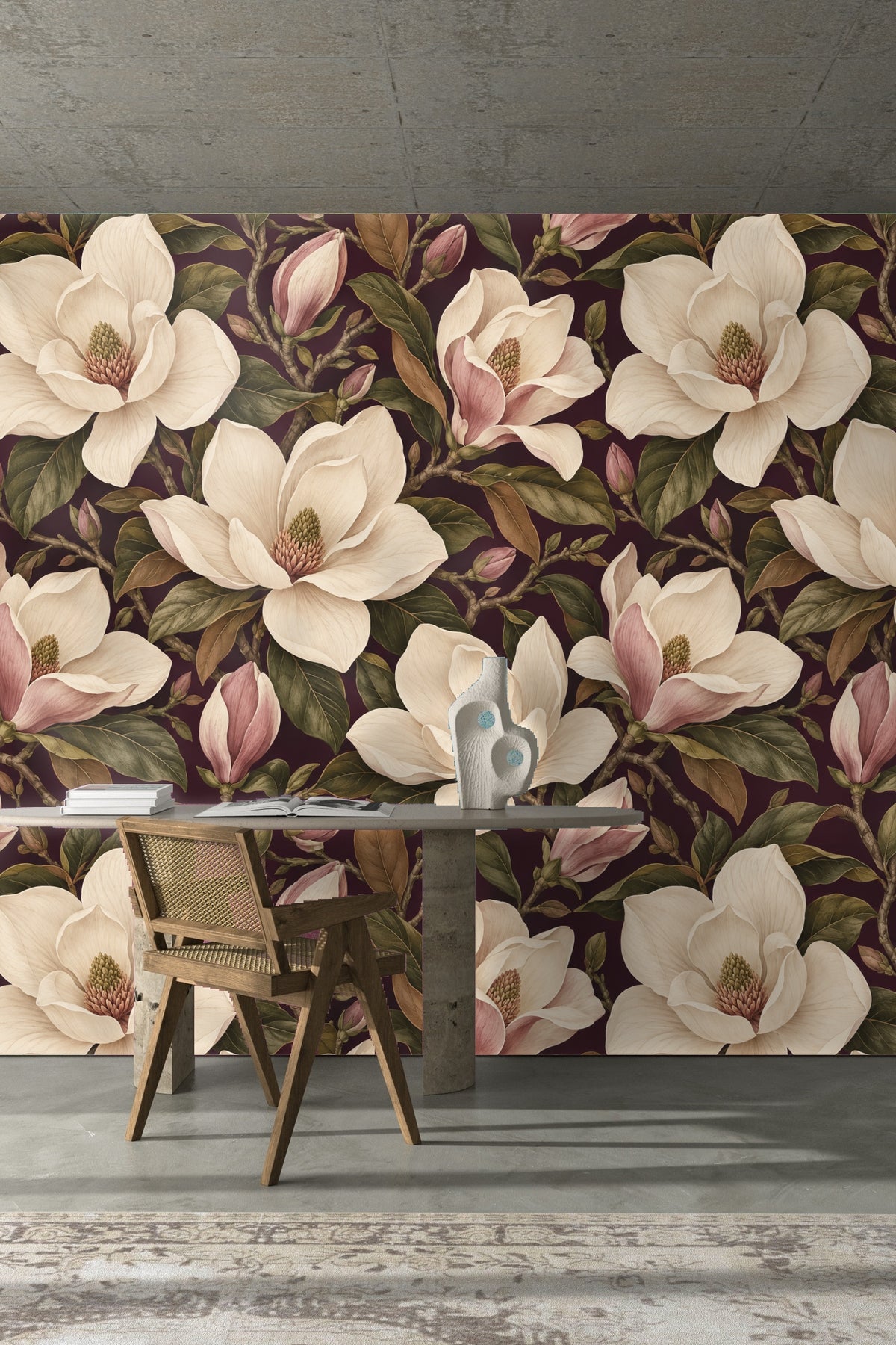 Florals in detailed botanical illustration style with textured leaves on dark background