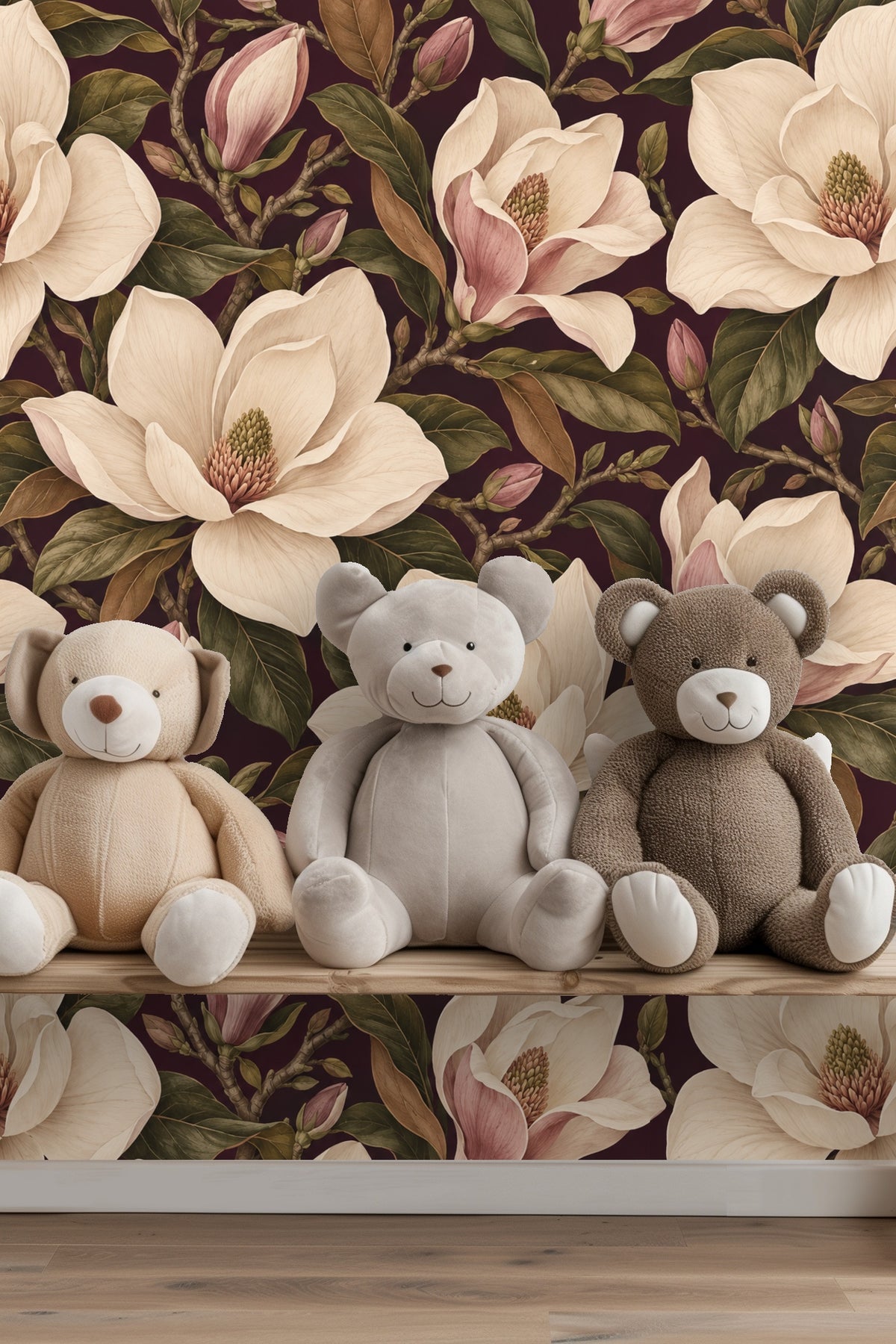 Wallpaper pattern showcasing leafy branches and magnolia blooms in muted greens and browns