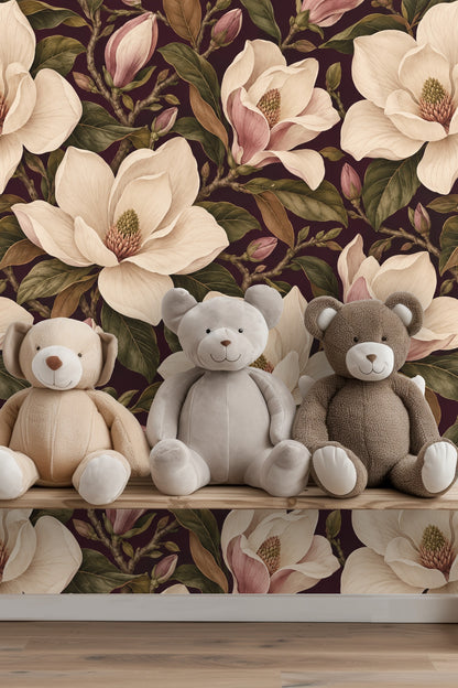 Wallpaper pattern showcasing leafy branches and magnolia blooms in muted greens and browns