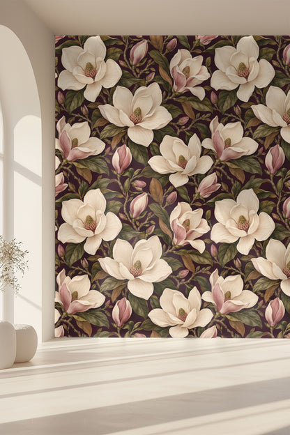 Wallpaper with lush botanical motifs enhancing a warm, elegant interior