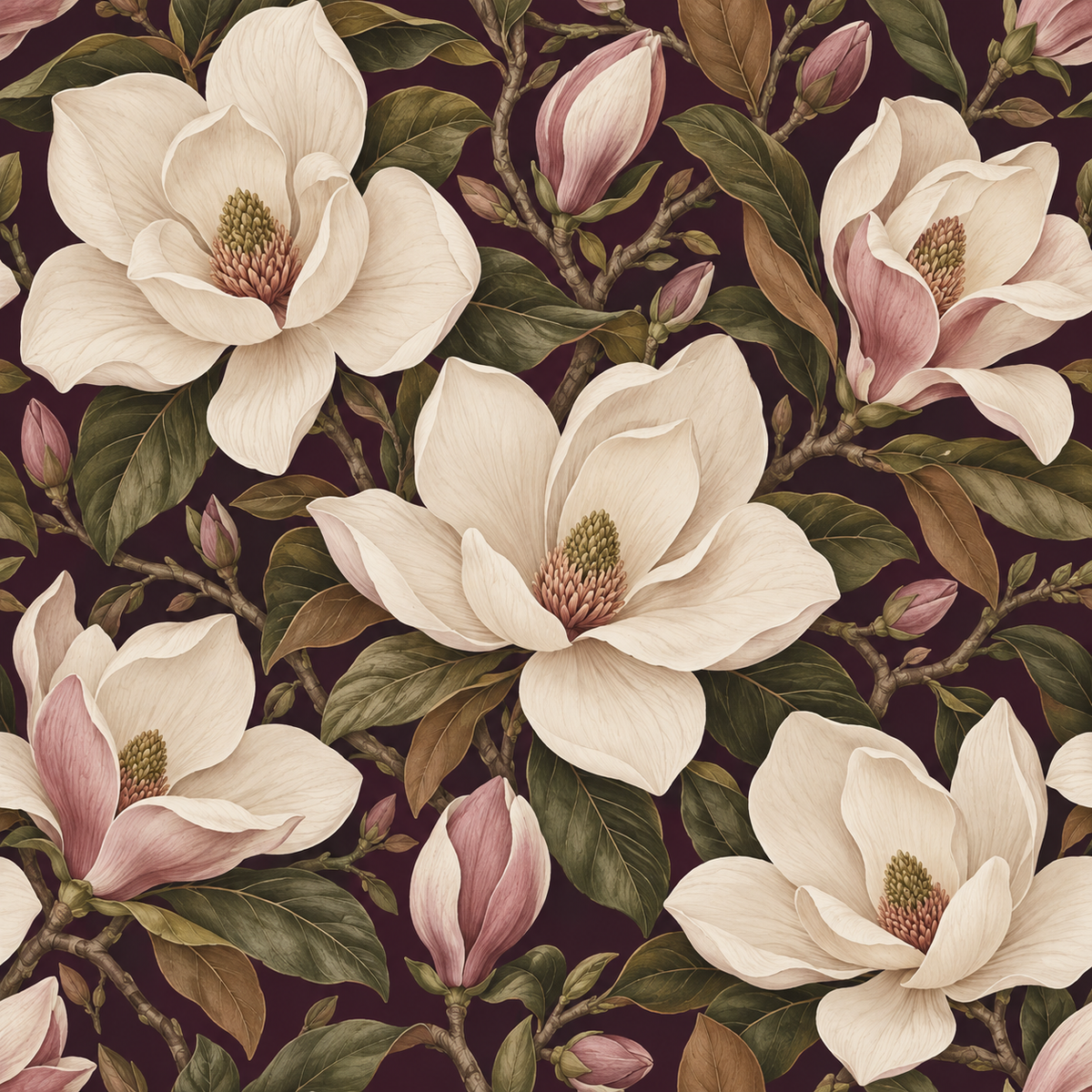 Stylized botanical wallpaper design featuring magnolia branches and flowers in neutral tones