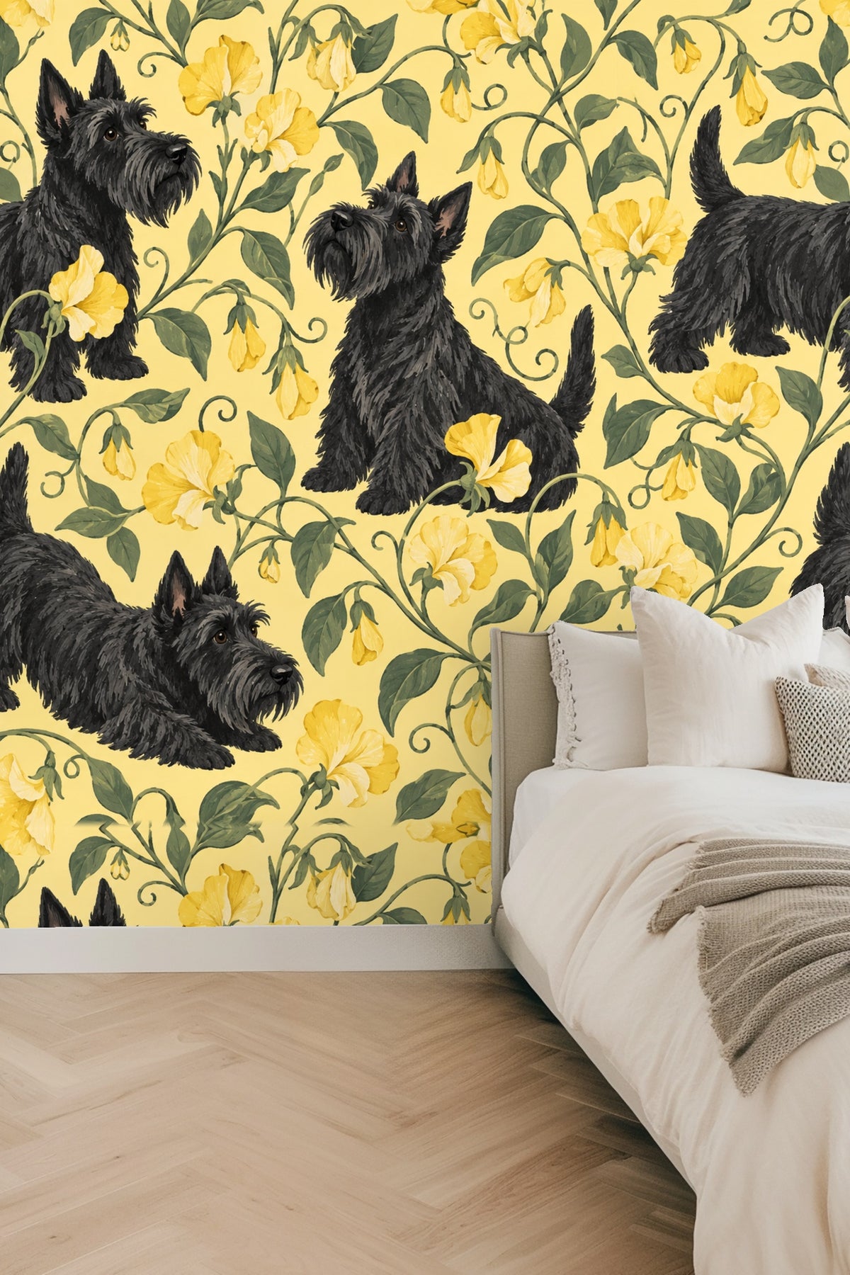 Curled terrier tail and flower buds close up on wallpaper