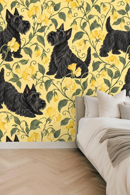 Curled terrier tail and flower buds close up on wallpaper