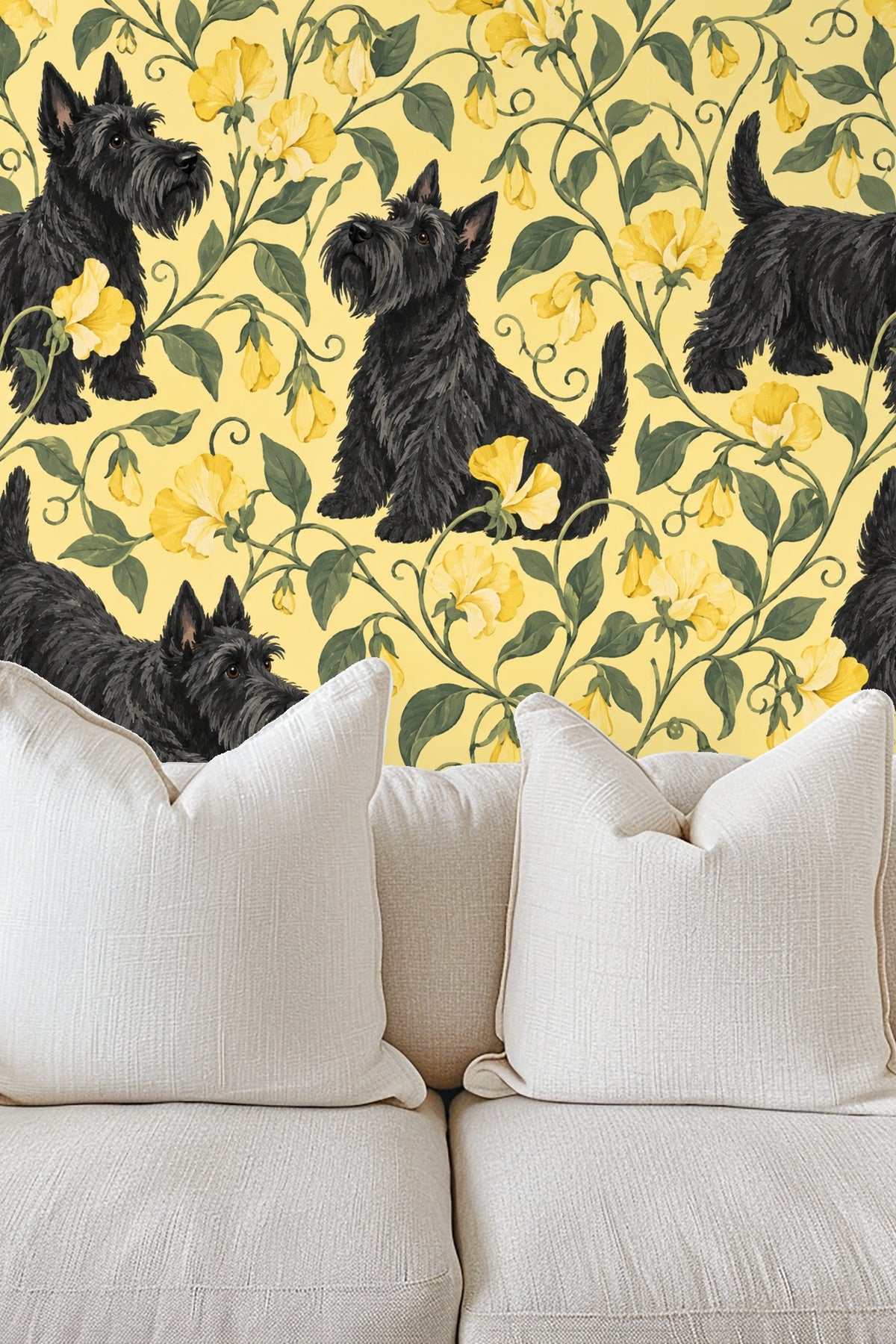 Soft white and orange pillows complementing wallpaper colors