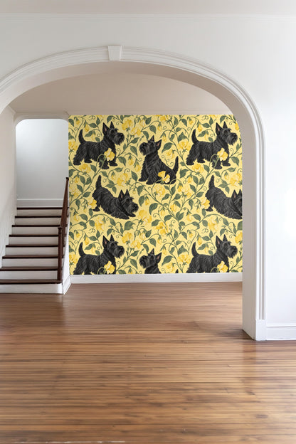 Yellow sweetpea flowers climbing with curled tendrils on wallpaper