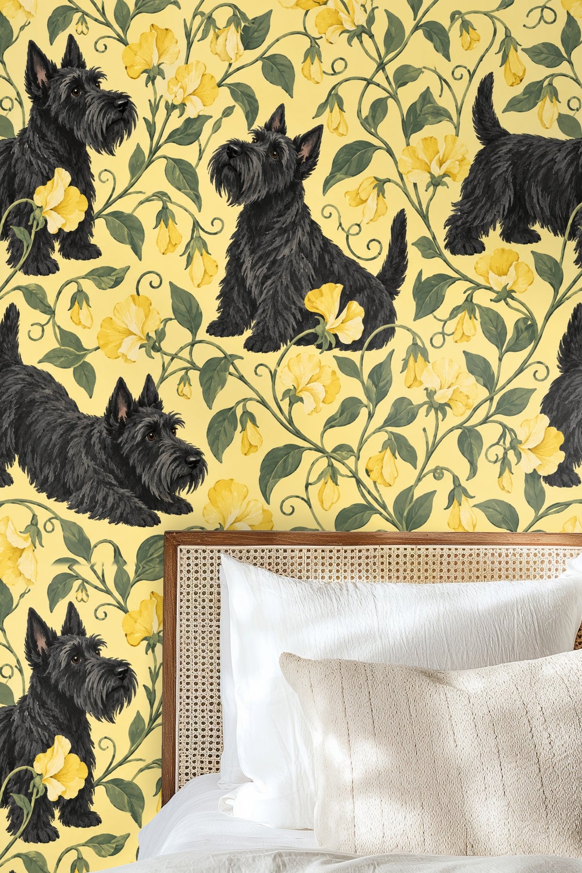 Cozy reading nook with wallpaper and natural light filtering through curtains