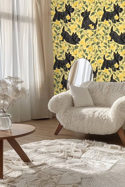Peach upholstered bed headboard with Sweetpea Terrier Tailspin wallpaper behind