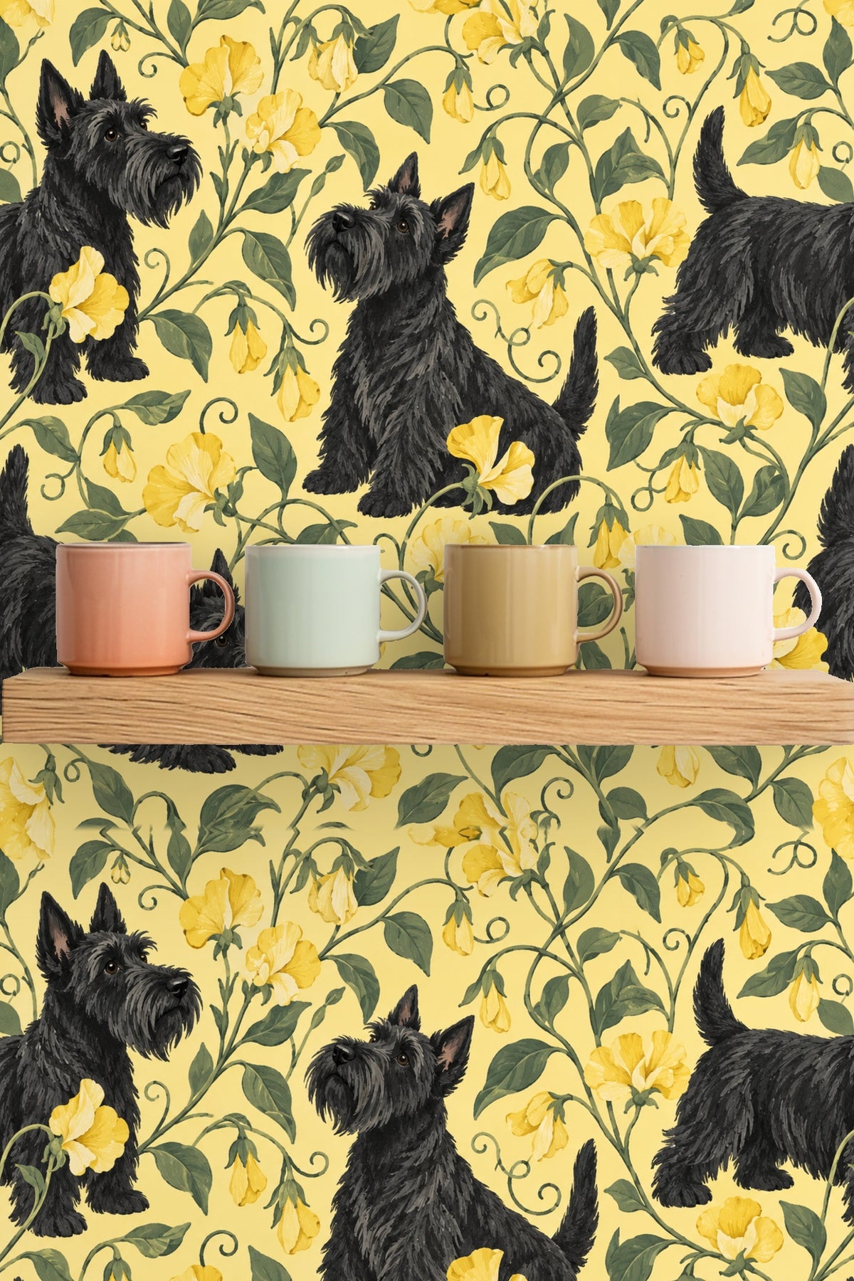 Close-up of a standing Scottish Terrier and yellow flower detail in wallpaper