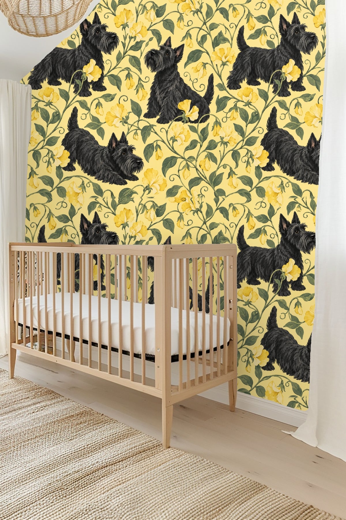 Living room with armchair and Sweetpea Terrier Tailspin wallpaper accent wall