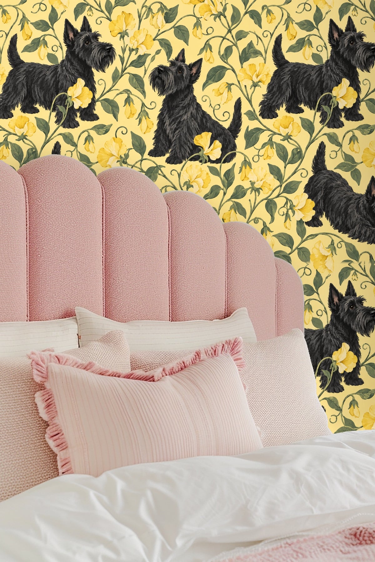 Wallpaper detail showing terrier's fur texture and flower petals