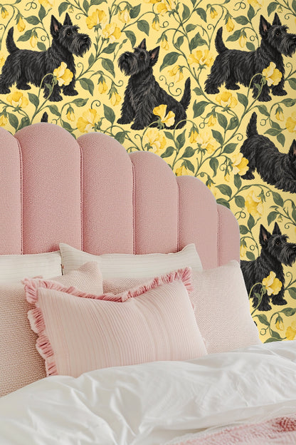 Wallpaper detail showing terrier's fur texture and flower petals