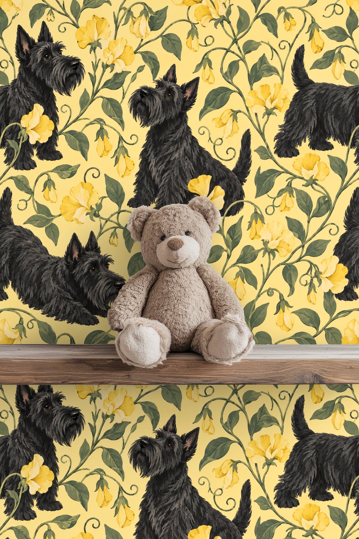 Black Scottie dog sitting calmly amid floral motifs