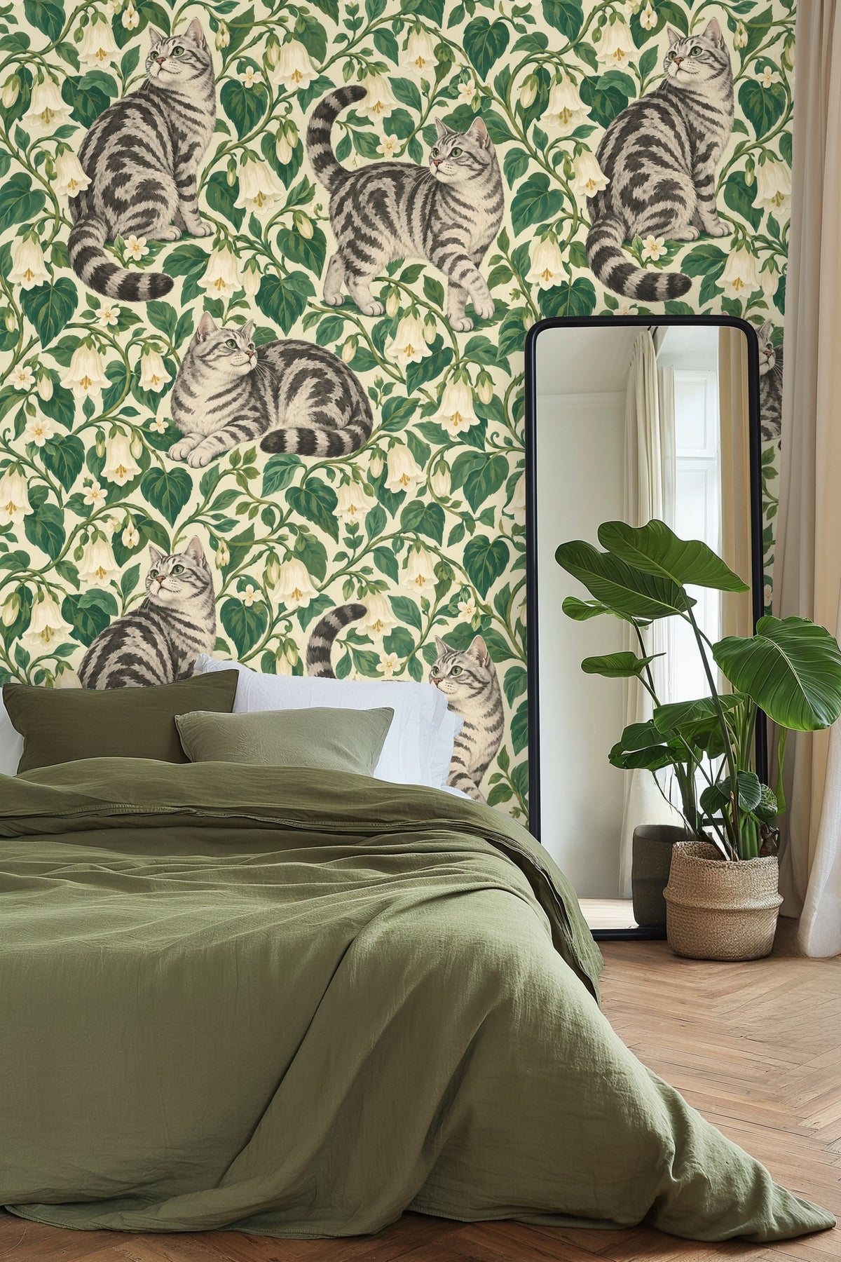 Detailed wallpaper artwork of tabby cats among bell-shaped white flowers and green leaves.