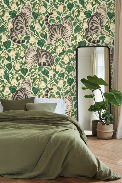 Detailed wallpaper artwork of tabby cats among bell-shaped white flowers and green leaves.