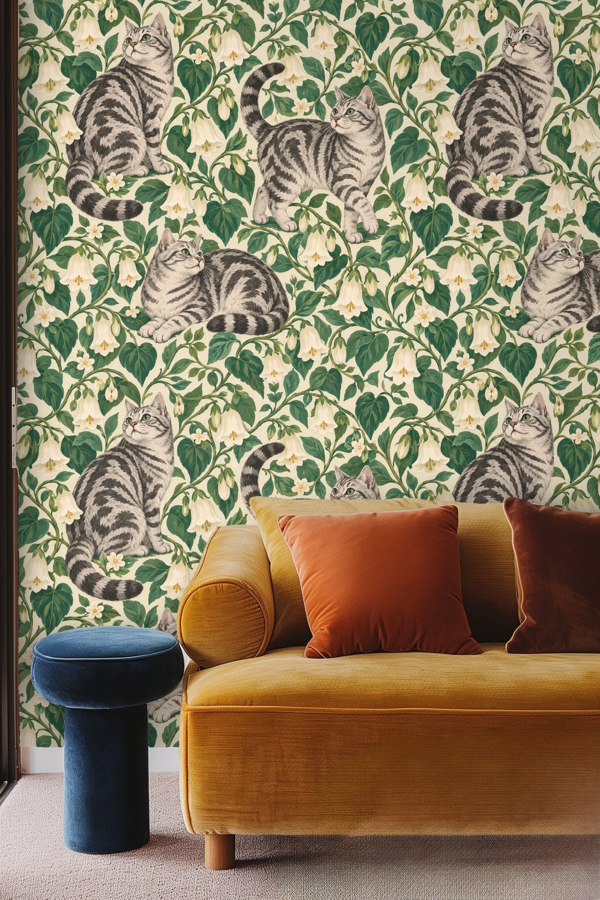 Soft green leafy background with cream-colored bell-shaped flowers and realistically rendered tabby cats.