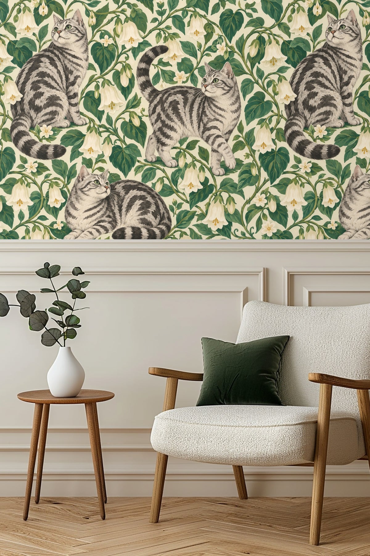 Close-up of tabby cat figures and bellvine flowers in wallpaper pattern.
