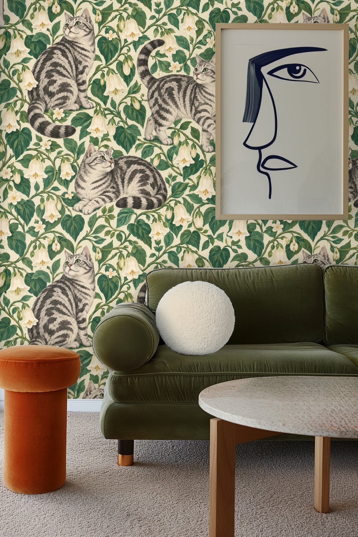 Large bellvine leaves framing a tabby cat in wallpaper design.