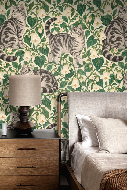 Fragment of wallpaper pattern highlighting fine leaf veins and diapered cat fur.