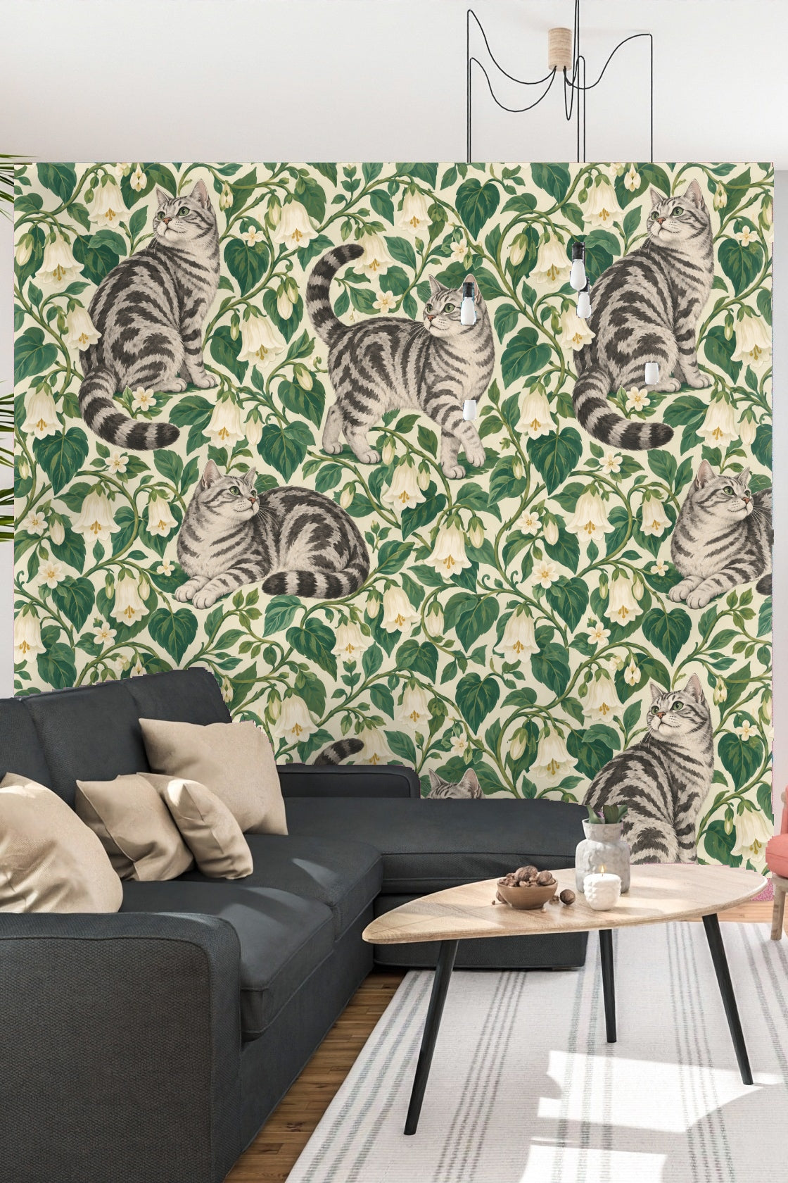 Artistic rendering of botanical wallpaper with a focus on flower buds and cat tails.