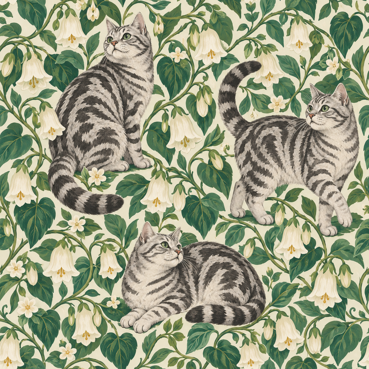 Visual texture and brushwork detail of cats and bellvine flora.