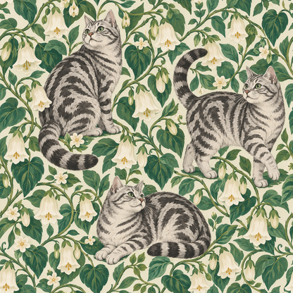 Visual texture and brushwork detail of cats and bellvine flora.