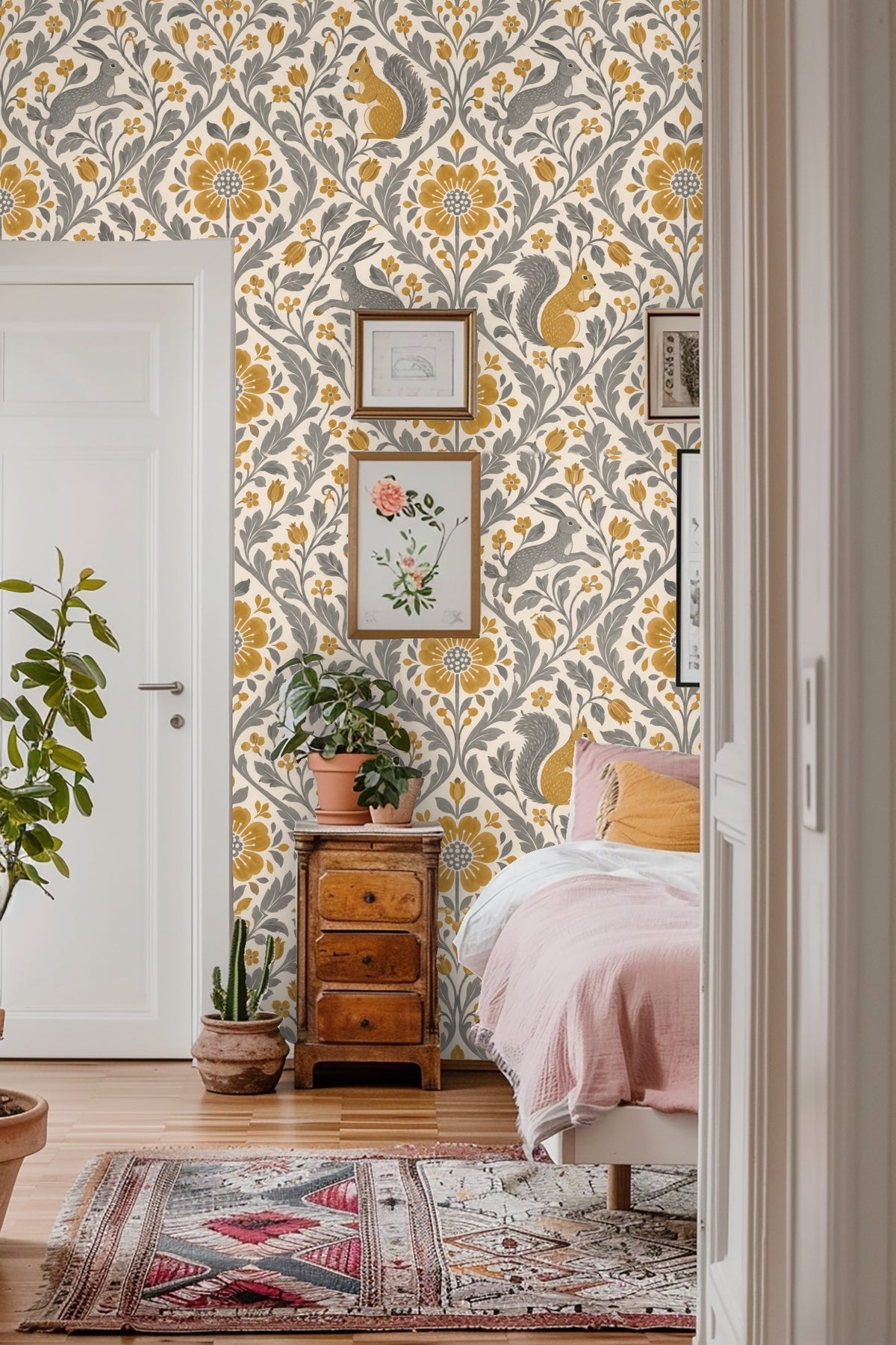 Cozy seating area featuring Seedflower Diamond Loom wallpaper with green pouf and beige couch