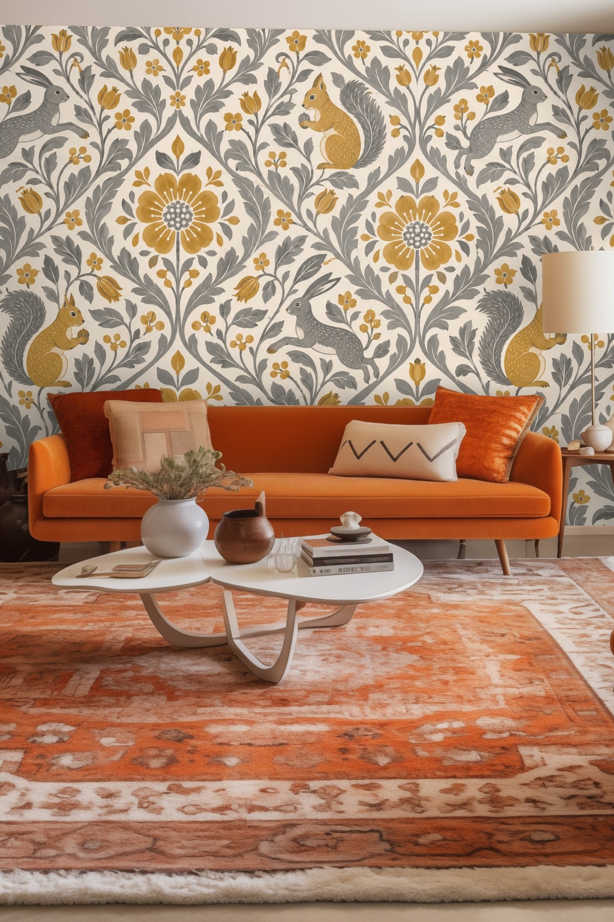 Pattern repeat showing gold flowers, gray leaves, leaping gray hares, and mustard squirrels