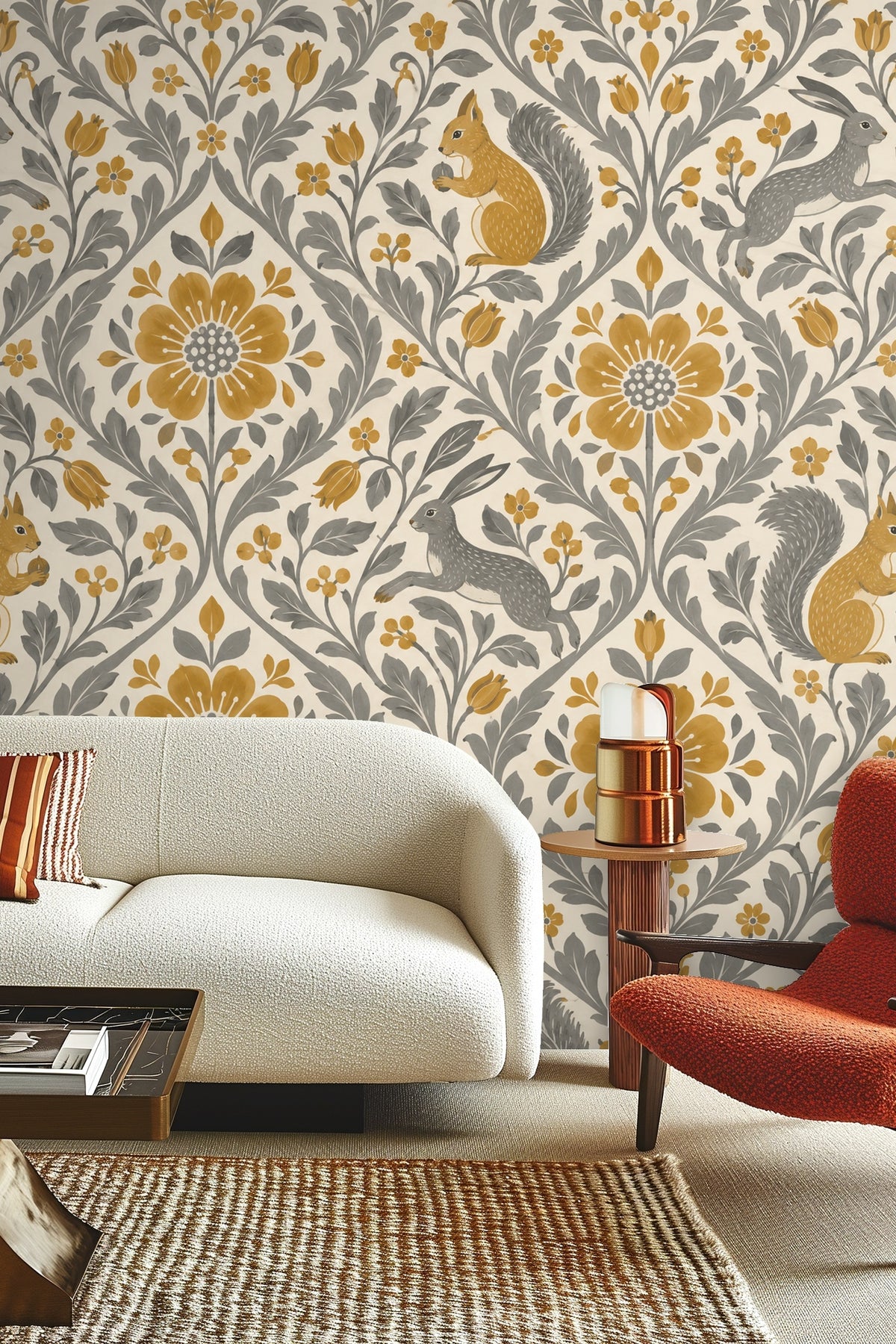 Close-up of hare and squirrel motifs in the wallpaper pattern