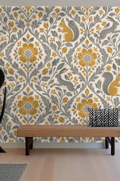 Mustard floral medallions with gray foliage in diamond layout