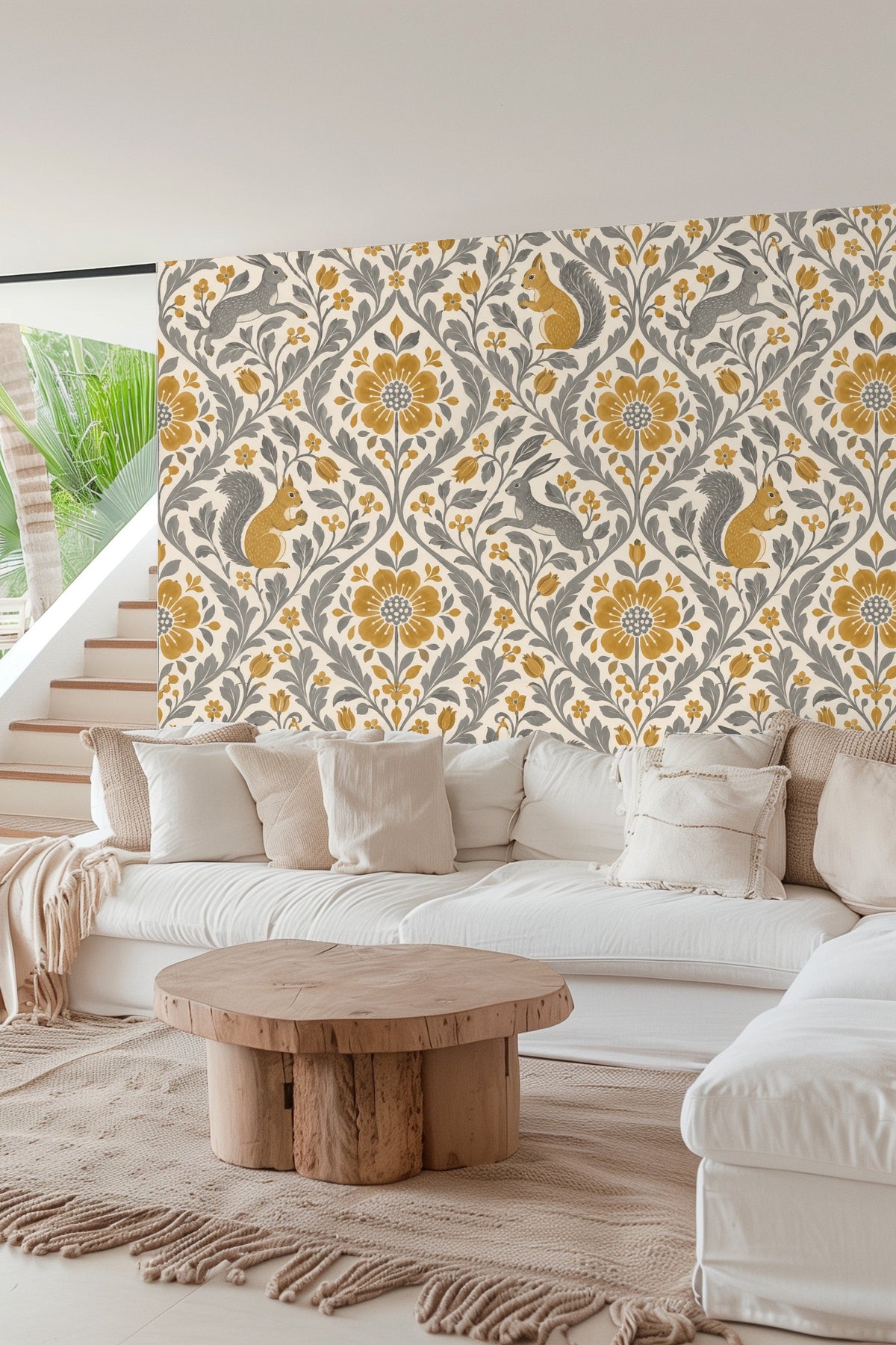 Full wall coverage of wallpaper in a boho styled living room