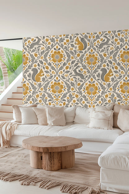 Full wall coverage of wallpaper in a boho styled living room
