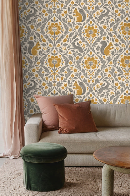 Living room with Seedflower Diamond Loom wallpaper behind orange sofa and white table