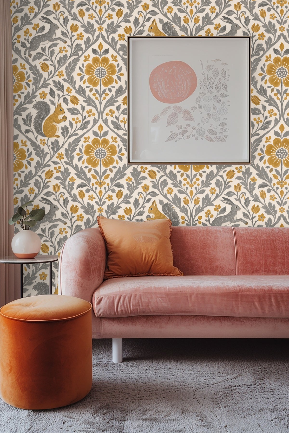 Side view emphasizing wallpaper scale behind furniture
