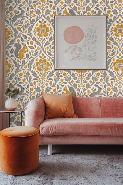 Side view emphasizing wallpaper scale behind furniture