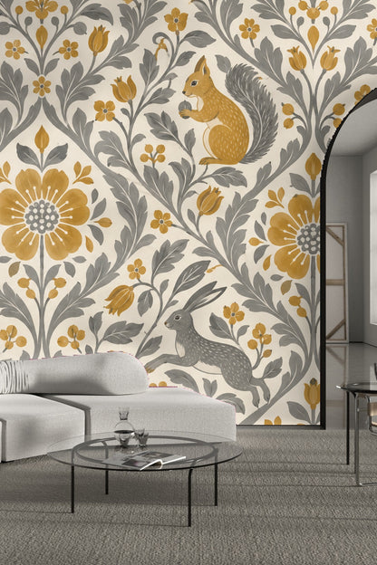 Neutral background with contrasting botanical shapes in wallpaper